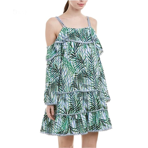 Red Carter Anthropologie Flowy Ruffle Tiered beach coverup dress, palm tree - Picture 2 of 12